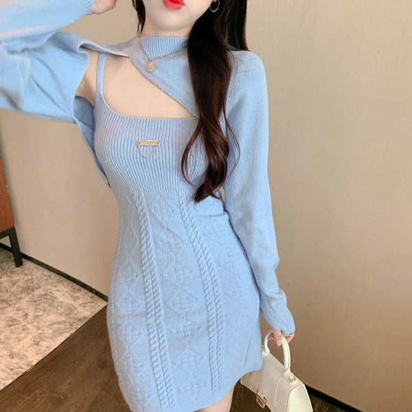 New Fashion Design Lovely Knitted Sling Short Dress Long Sleeved Jacket