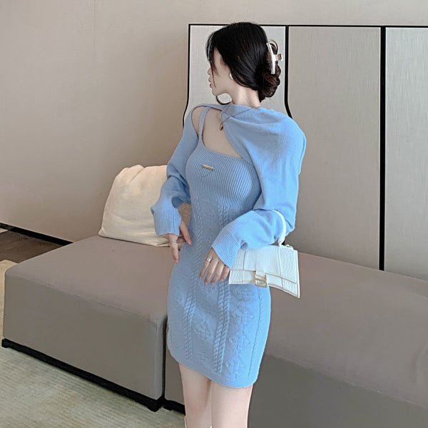 New Fashion Design Lovely Knitted Sling Short Dress Long Sleeved Jacket