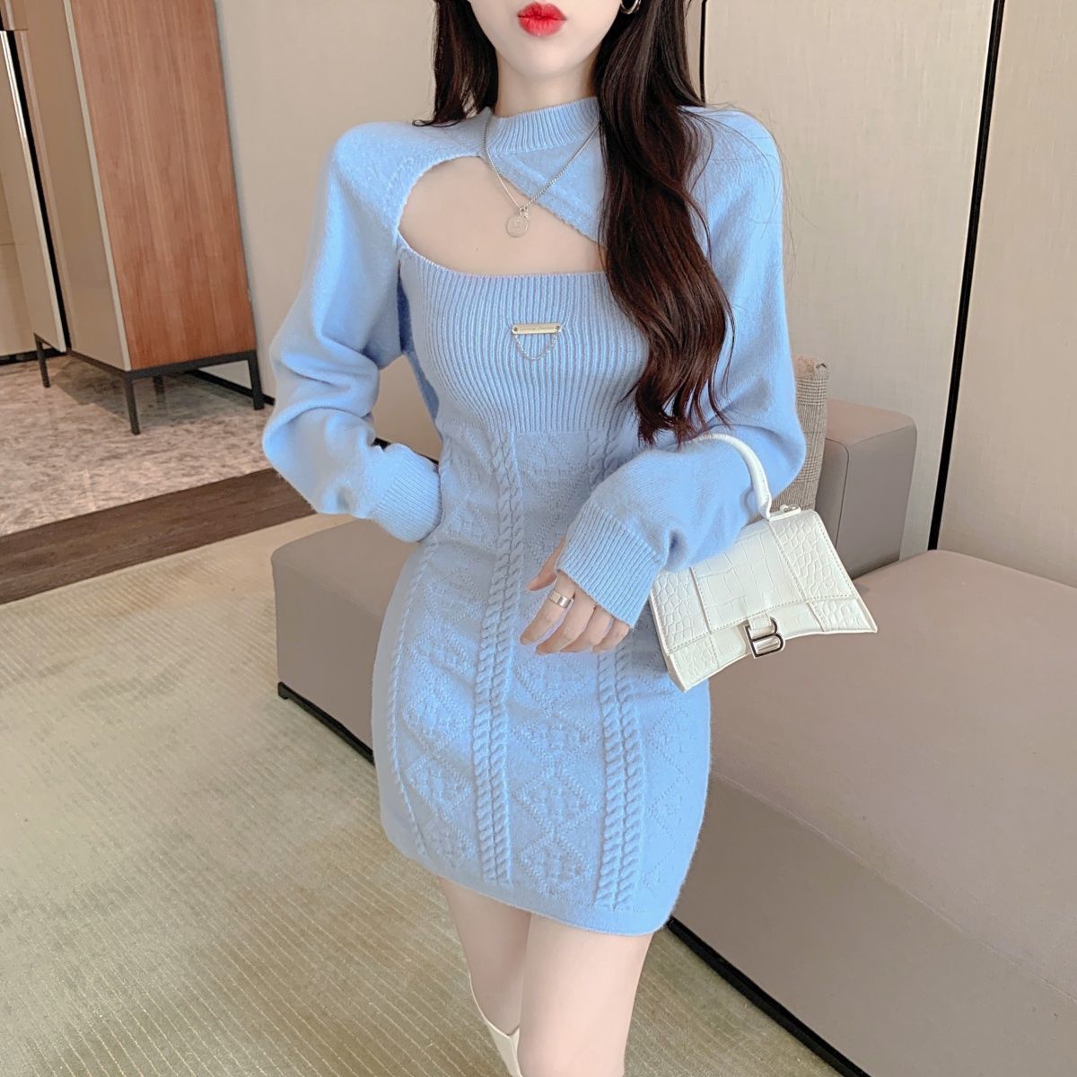 New Fashion Design Lovely Knitted Sling Short Dress Long Sleeved Jacket