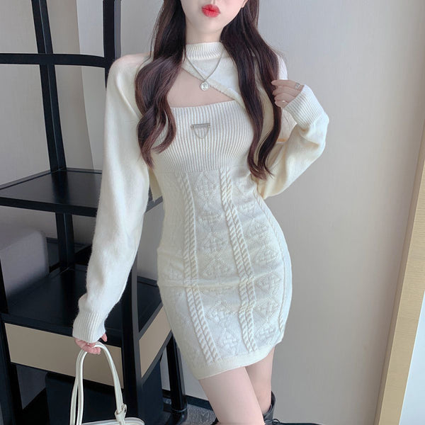 New Fashion Design Lovely Knitted Sling Short Dress Long Sleeved Jacket