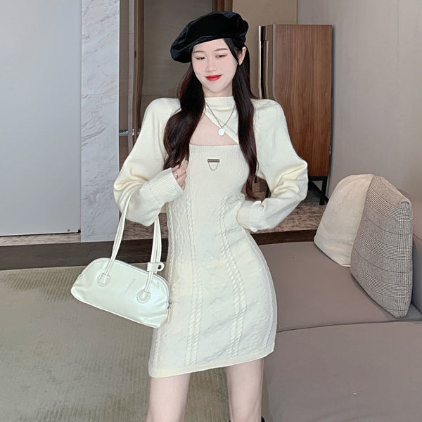 New Fashion Design Lovely Knitted Sling Short Dress Long Sleeved Jacket