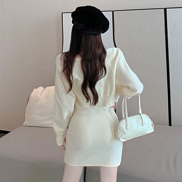 New Fashion Design Lovely Knitted Sling Short Dress Long Sleeved Jacket