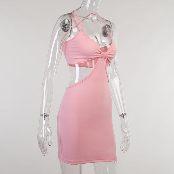 Temperament Solid Color Backless Hollow Front Strap Sling Cotton Dress