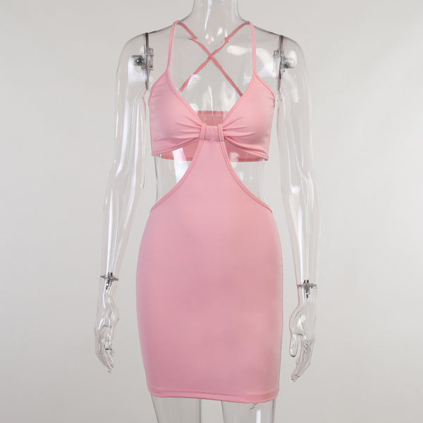 Temperament Solid Color Backless Hollow Front Strap Sling Cotton Dress