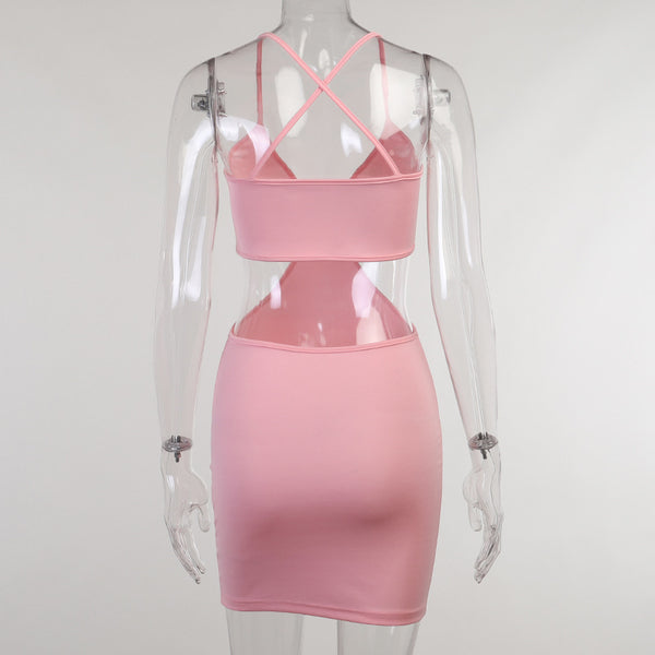 Temperament Solid Color Backless Hollow Front Strap Sling Cotton Dress