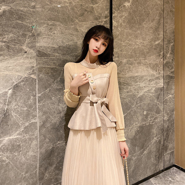 Temperament Two-piece Suede Stitching Long Sleeve Top Large A Pleated Mesh Skirt