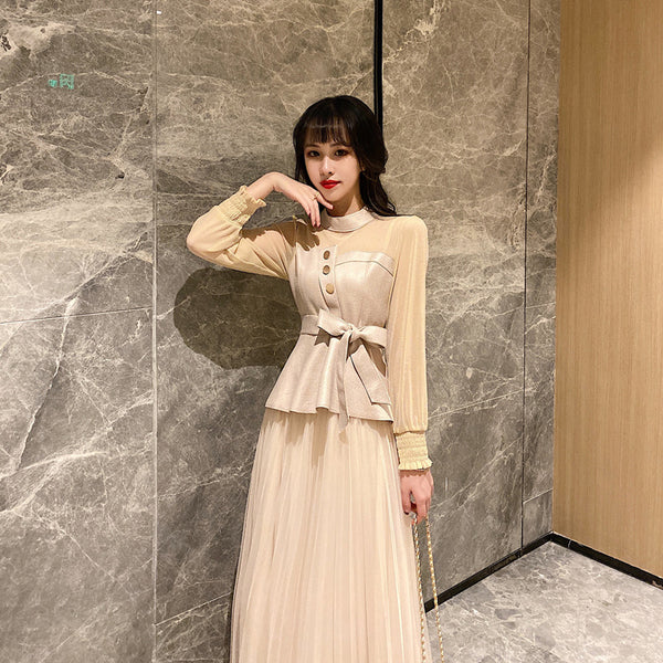 Temperament Two-piece Suede Stitching Long Sleeve Top Large A Pleated Mesh Skirt