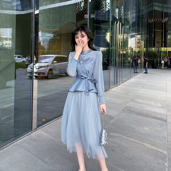 Temperament Two-piece Suede Stitching Long Sleeve Top Large A Pleated Mesh Skirt