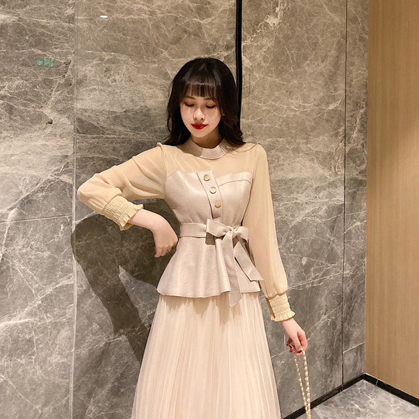 Temperament Two-piece Suede Stitching Long Sleeve Top Large A Pleated Mesh Skirt