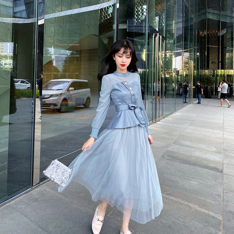 Temperament Two-piece Suede Stitching Long Sleeve Top Large A Pleated Mesh Skirt