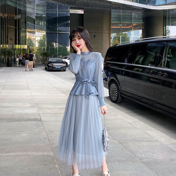 Temperament Two-piece Suede Stitching Long Sleeve Top Large A Pleated Mesh Skirt