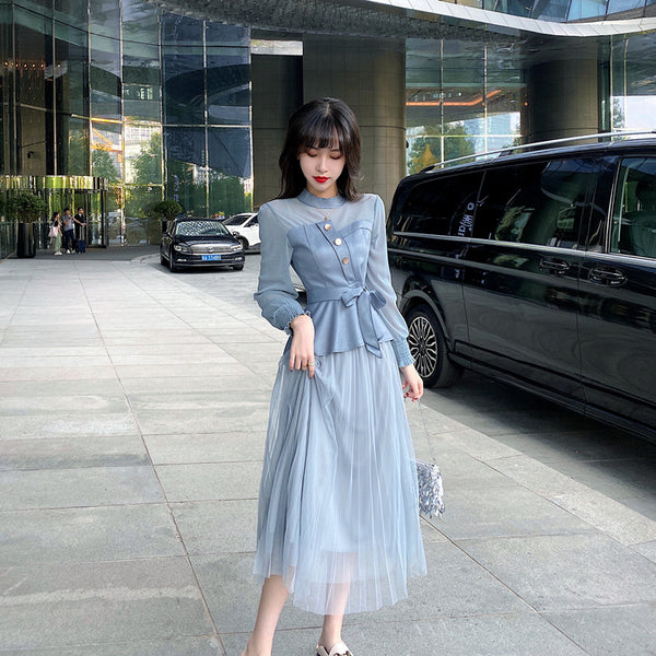 Temperament Two-piece Suede Stitching Long Sleeve Top Large A Pleated Mesh Skirt