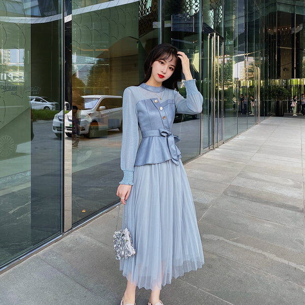 Temperament Two-piece Suede Stitching Long Sleeve Top Large A Pleated Mesh Skirt