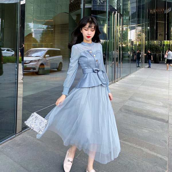 Temperament Two-piece Suede Stitching Long Sleeve Top Large A Pleated Mesh Skirt