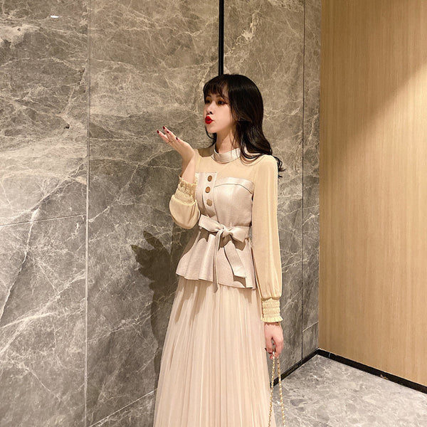 Temperament Two-piece Suede Stitching Long Sleeve Top Large A Pleated Mesh Skirt