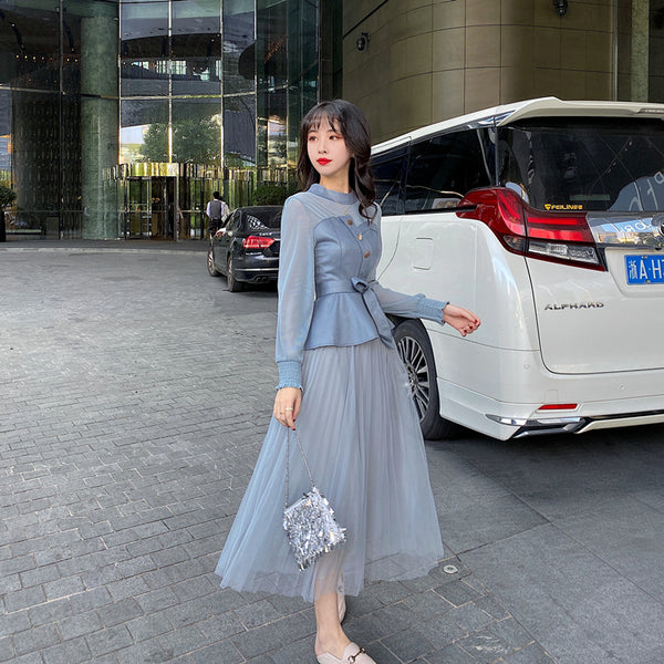 Temperament Two-piece Suede Stitching Long Sleeve Top Large A Pleated Mesh Skirt