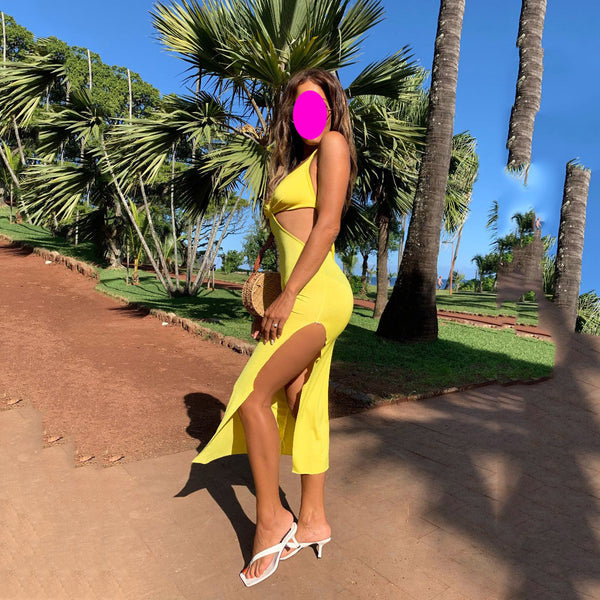 Trendy Sleeveless Open Back Slit Sexy Women Pencil Dress