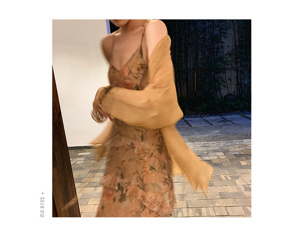 Floral Swing Two Pieces suit Temperament Ruffles Irregular Dress skirt