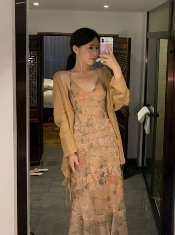 Floral Swing Two Pieces suit Temperament Ruffles Irregular Dress skirt