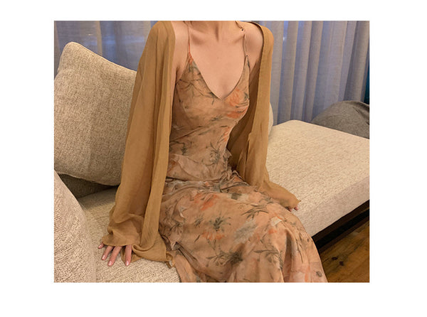 Floral Swing Two Pieces suit Temperament Ruffles Irregular Dress skirt