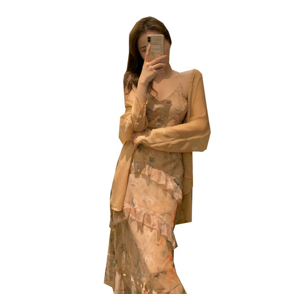 Floral Swing Two Pieces suit Temperament Ruffles Irregular Dress skirt