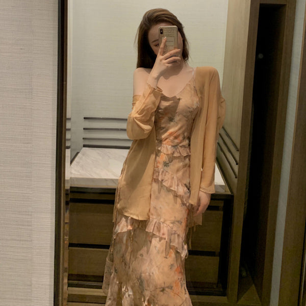 Floral Swing Two Pieces suit Temperament Ruffles Irregular Dress skirt