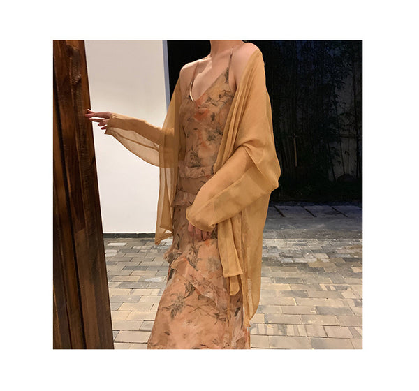 Floral Swing Two Pieces suit Temperament Ruffles Irregular Dress skirt