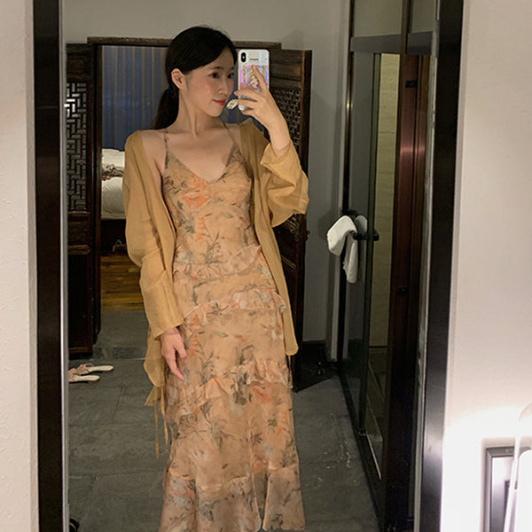 Floral Swing Two Pieces suit Temperament Ruffles Irregular Dress skirt