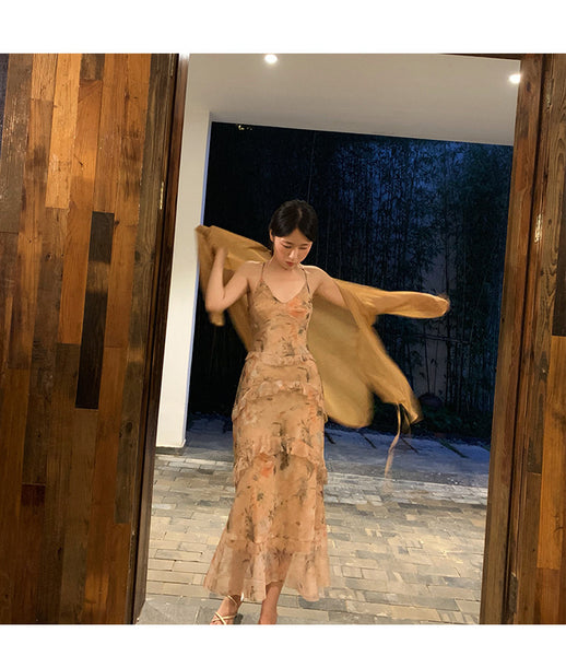 Floral Swing Two Pieces suit Temperament Ruffles Irregular Dress skirt