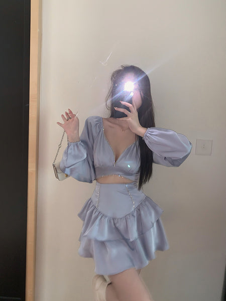 Sexy Fashion Temperament Hollowed Out Waist Encrusted Long Sleeves Dress