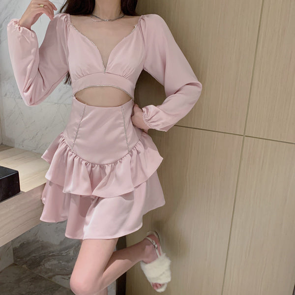 Sexy Fashion Temperament Hollowed Out Waist Encrusted Long Sleeves Dress