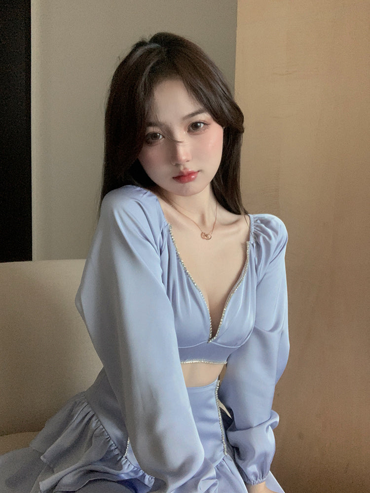 Sexy Fashion Temperament Hollowed Out Waist Encrusted Long Sleeves Dress