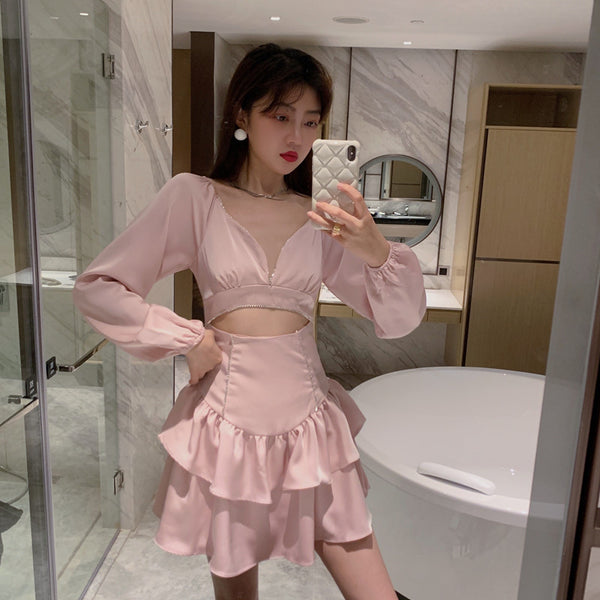 Sexy Fashion Temperament Hollowed Out Waist Encrusted Long Sleeves Dress