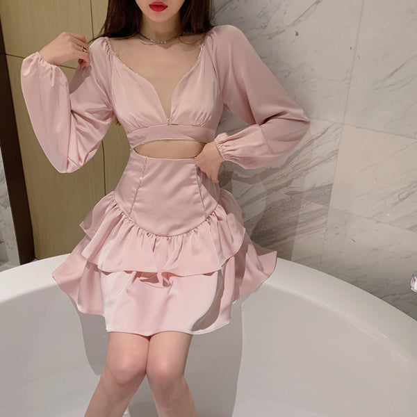 Sexy Fashion Temperament Hollowed Out Waist Encrusted Long Sleeves Dress