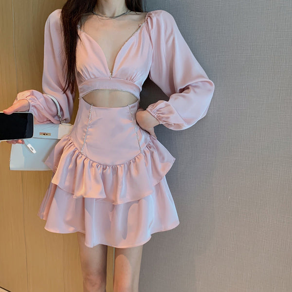 Sexy Fashion Temperament Hollowed Out Waist Encrusted Long Sleeves Dress