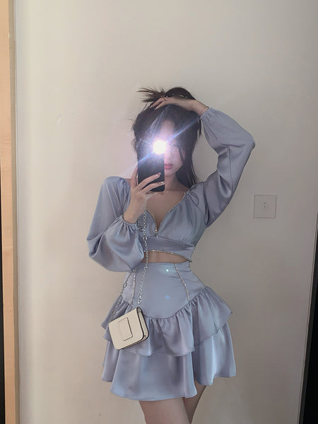 Sexy Fashion Temperament Hollowed Out Waist Encrusted Long Sleeves Dress