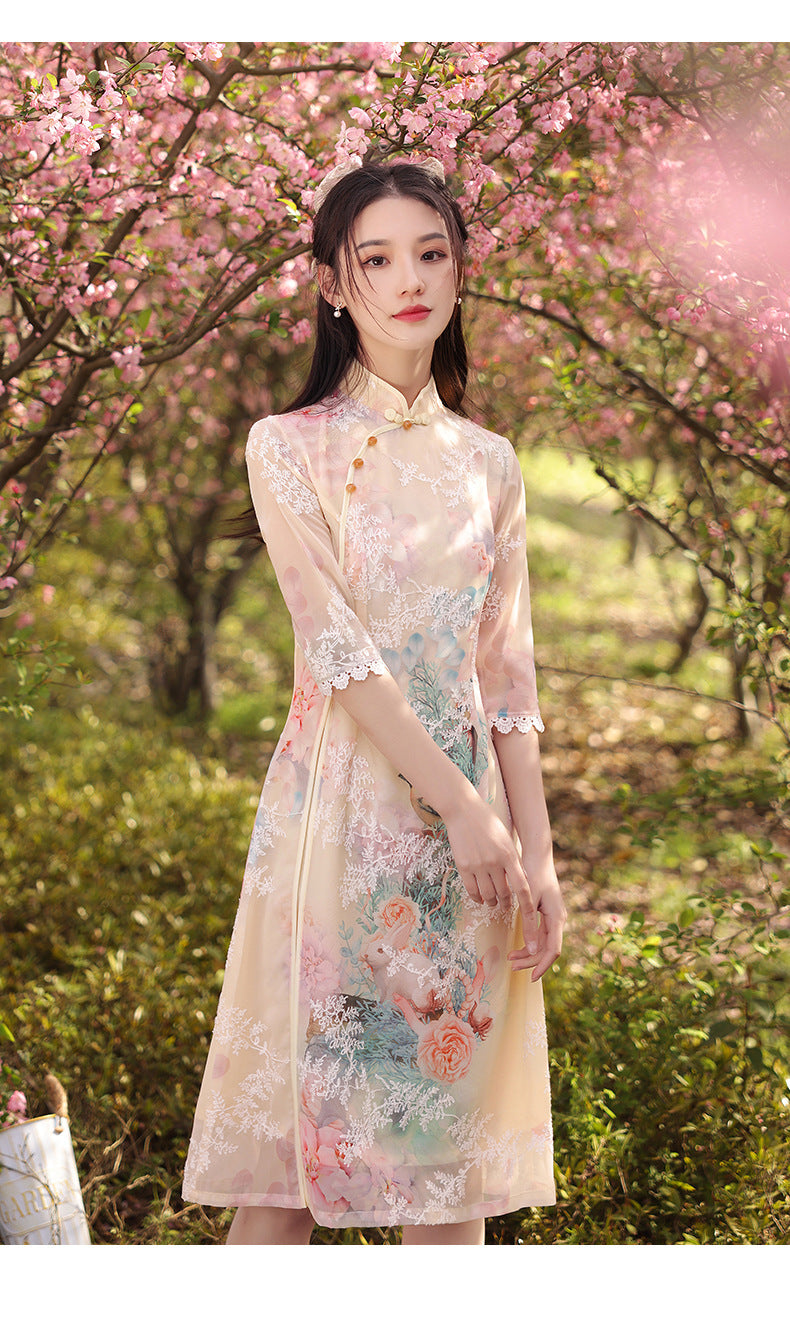 New Summer Young Women Elegant Retro Chinese Tide Slanted Placket Cheongsam Dress