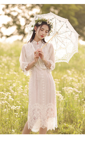 New Summer Young Women Elegant Lace Shawl Two Piece Mid Length Cheongsam Dress