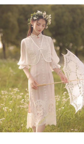 New Summer Young Women Elegant Lace Shawl Two Piece Mid Length Cheongsam Dress