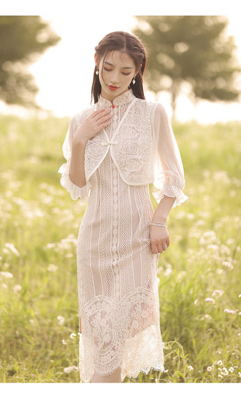 New Summer Young Women Elegant Lace Shawl Two Piece Mid Length Cheongsam Dress