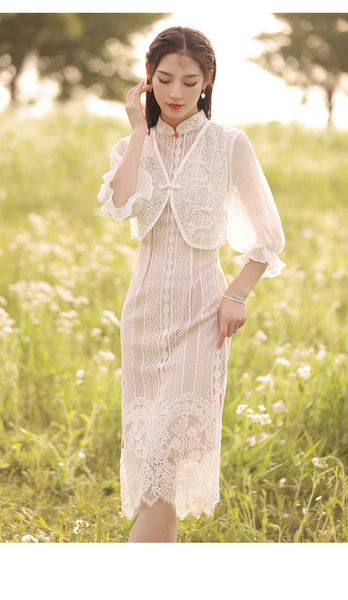 New Summer Young Women Elegant Lace Shawl Two Piece Mid Length Cheongsam Dress