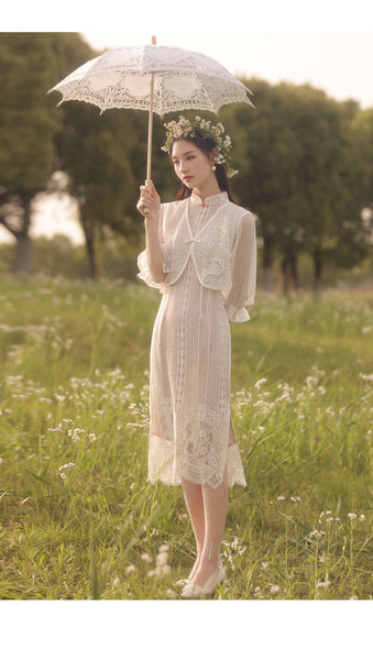 New Summer Young Women Elegant Lace Shawl Two Piece Mid Length Cheongsam Dress