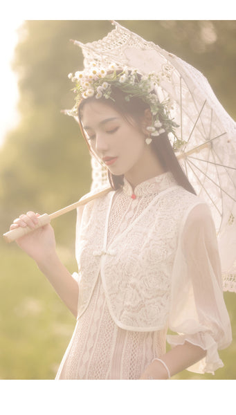 New Summer Young Women Elegant Lace Shawl Two Piece Mid Length Cheongsam Dress