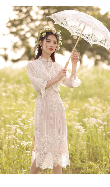 New Summer Young Women Elegant Lace Shawl Two Piece Mid Length Cheongsam Dress