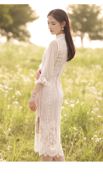 New Summer Young Women Elegant Lace Shawl Two Piece Mid Length Cheongsam Dress