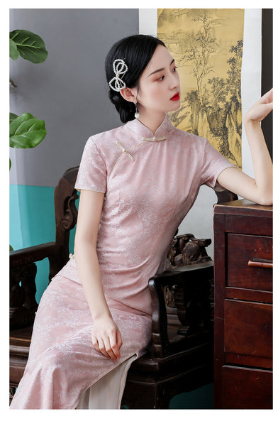 Summer Young Women Pink Jacquard Elegant Lace Mid Length Cheongsam Stand Collar Dress