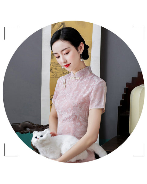 Summer Young Women Pink Jacquard Elegant Lace Mid Length Cheongsam Stand Collar Dress