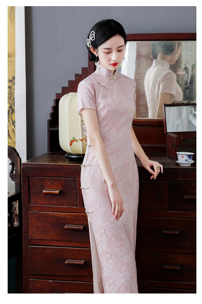 Summer Young Women Pink Jacquard Elegant Lace Mid Length Cheongsam Stand Collar Dress