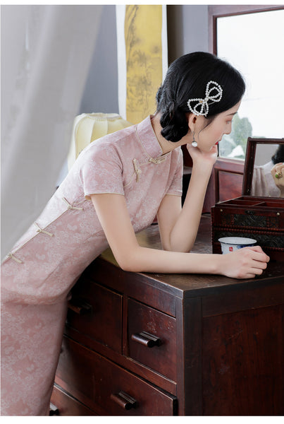 Summer Young Women Pink Jacquard Elegant Lace Mid Length Cheongsam Stand Collar Dress