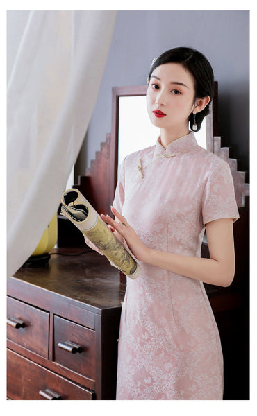 Summer Young Women Pink Jacquard Elegant Lace Mid Length Cheongsam Stand Collar Dress